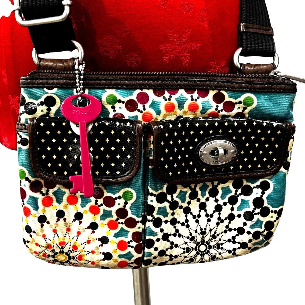 Vintage Fossil Key-Per purse crossbody bag key charm multicolor waxed canvas